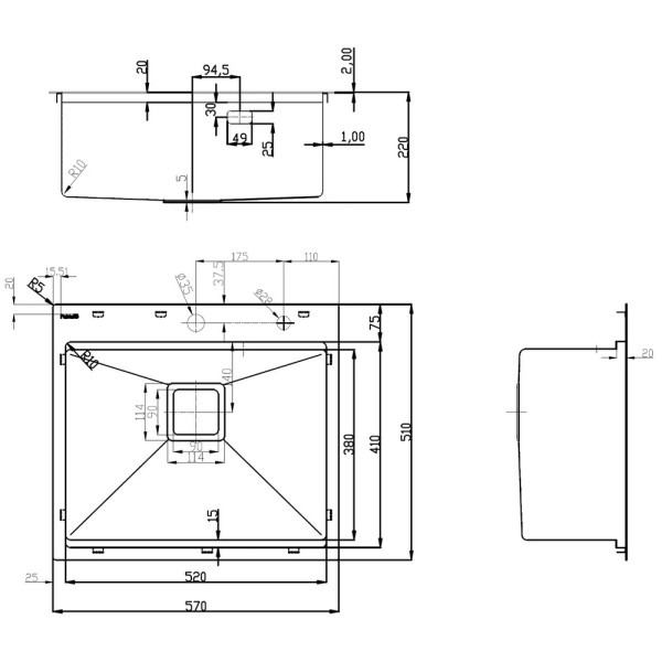 Кухонна мийка FABIANO Top Center 57 Celldecor Nano Graphite